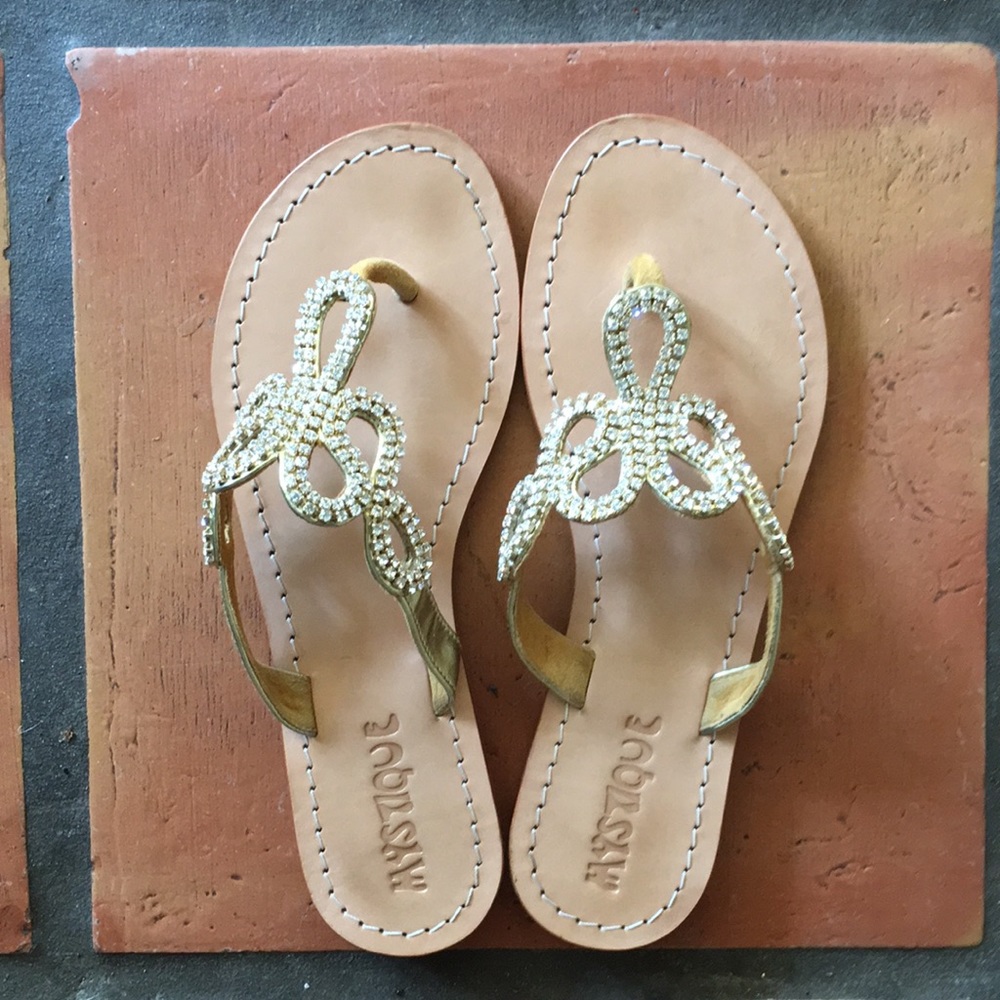 Mystique Leather Rhinestone Gold Sandals 8